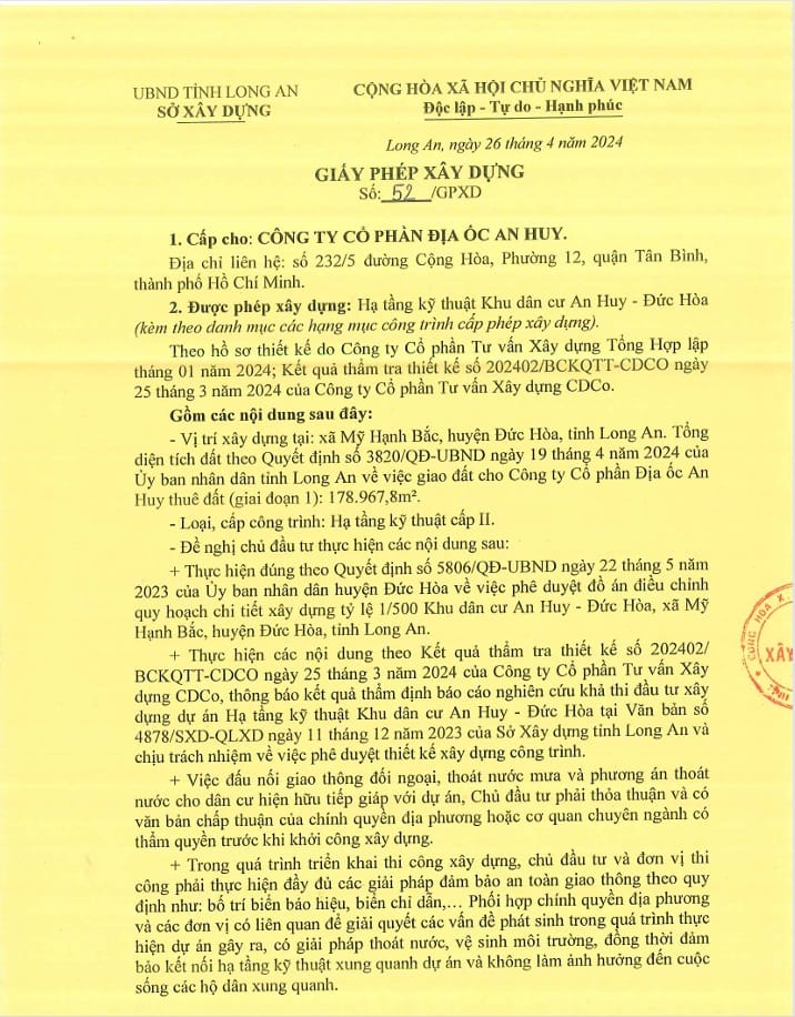 giấy phép xây dựng dự án an huy long an